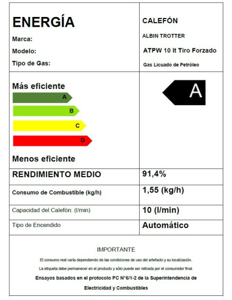 Calefont Albin Trotter Tiro Forzado 10 Litros Gas Licuado N20
